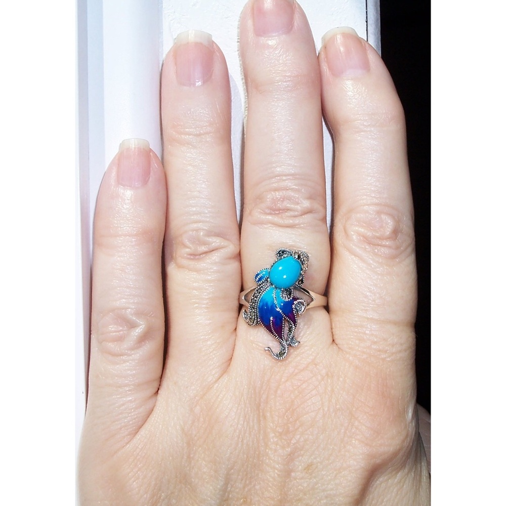 925 STERLING SILVER Simulated Turquoise Fish Ghost Marcasite Ring - Picture 10 of 16